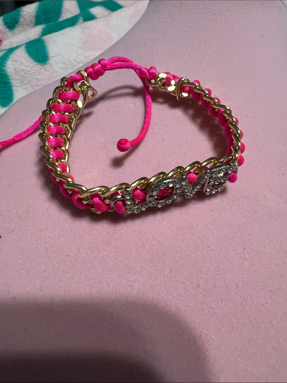 Rhinestone 'Love' Pink Cord and Gold Chain Bracelet